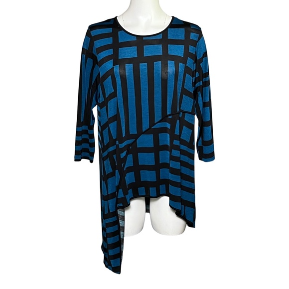 COMFY USA Tunic Top Size Large Blue Black Stretchy Slinky Lagenlook High Low - Picture 2 of 9